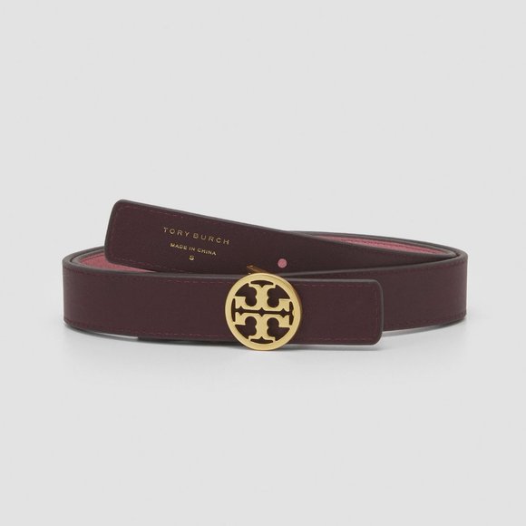 Tory Burch Reversible Logo WIDE Belt Burgundy Port Pink Magnolia - Picture 4 of 9